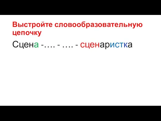 Выстройте словообразовательную цепочку Сцена -…. - …. - сценаристка