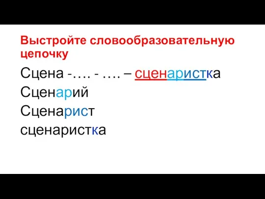 Выстройте словообразовательную цепочку Сцена -…. - …. – сценаристка Сценарий Сценарист сценаристка