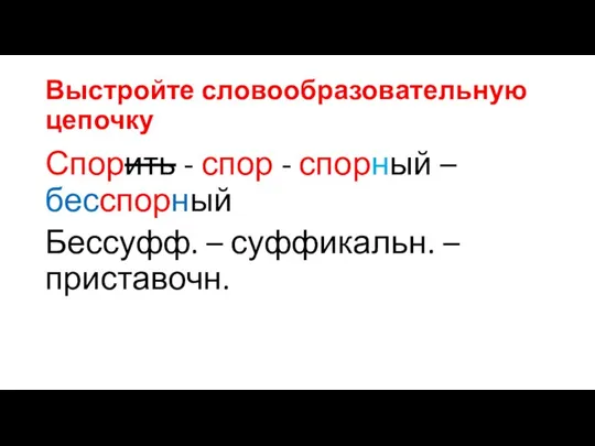 Выстройте словообразовательную цепочку Спорить - спор - спорный – бесспорный Бессуфф. – суффикальн. – приставочн.