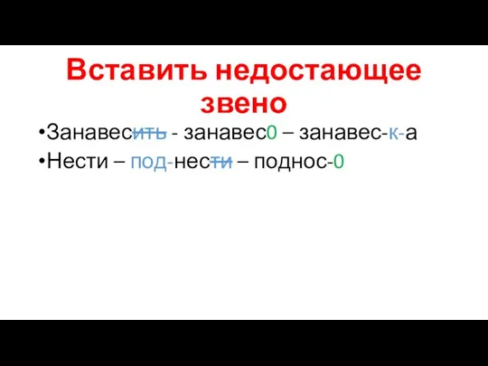 Вставить недостающее звено Занавесить - занавес0 – занавес-к-а Нести – под-нести – поднос-0