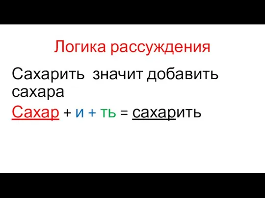 Логика рассуждения Сахарить значит добавить сахара Сахар + и + ть = сахарить