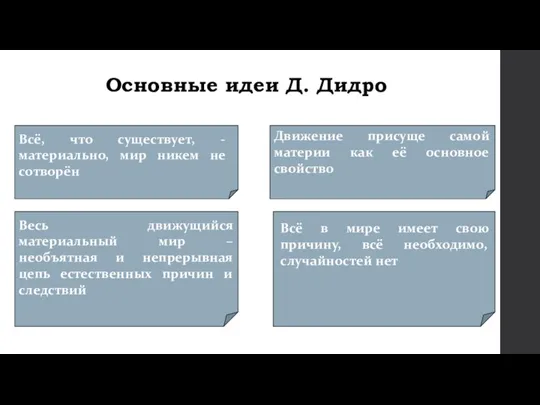 Основные идеи Д. Дидро Всё, что существует, - материально, мир никем не