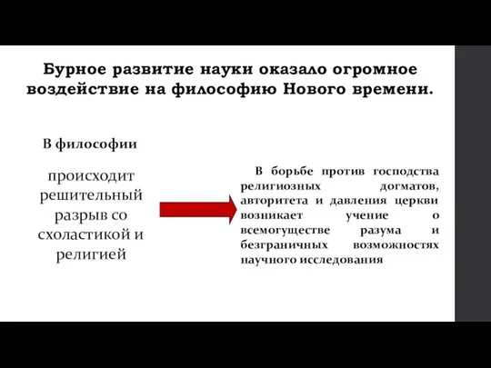 Бурное развитие науки оказало огромное воздействие на философию Нового времени. В философии