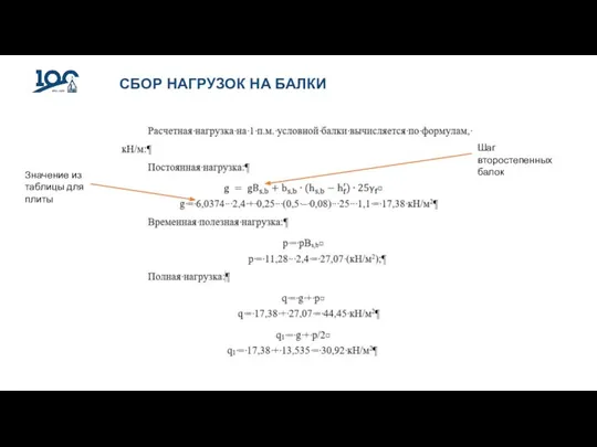 СБОР НАГРУЗОК НА БАЛКИ Значение из таблицы для плиты Шаг второстепенных балок