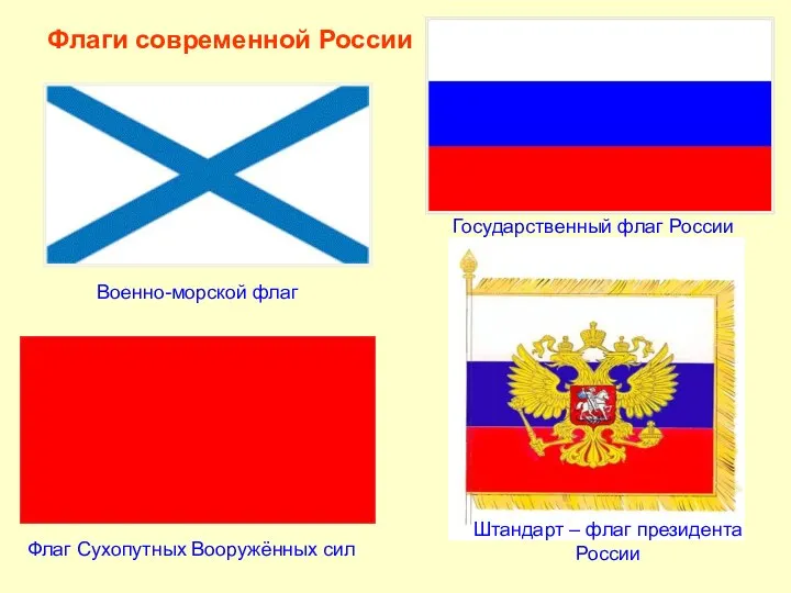 Флаги современной России Штандарт – флаг президента России Военно-морской флаг Государственный флаг