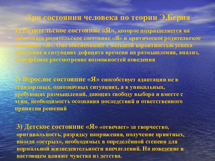 Три состояния человека по теории Э.Берна 1) Родительское состояние «Я», которое подразделяется