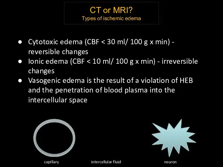 CT or MRI? Types of ischemic edema Cytotoxic edema (CBF Ionic edema