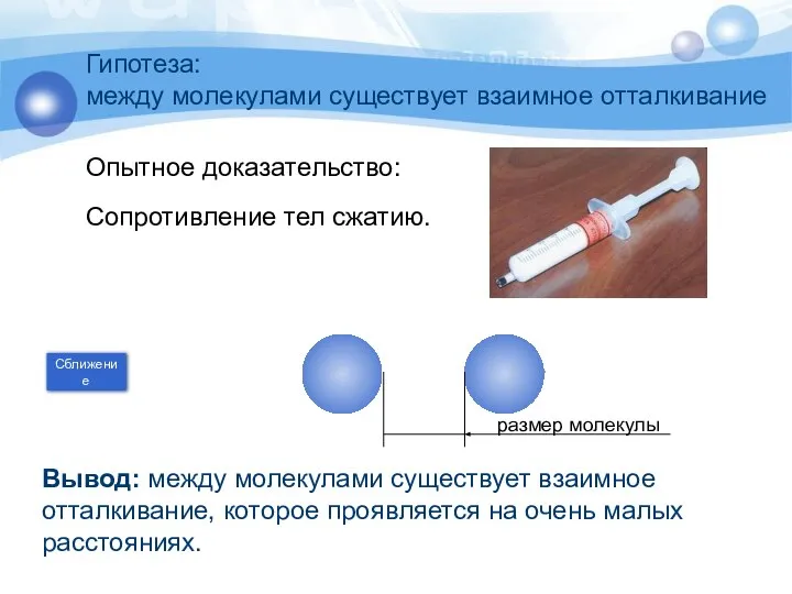 Гипотеза: между молекулами существует взаимное отталкивание Сопротивление тел сжатию. Вывод: между молекулами