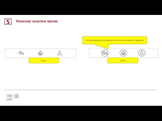 Нижние кнопки меню 5 Было Стало На всех экранах используем кнопки нового дизайна (в кружках)