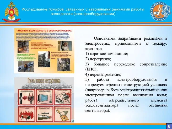 Исследование пожаров, связанных с аварийными режимами работы электросети (электрооборудования) 6 Основными аварийными