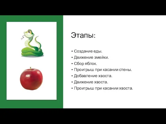 Этапы: Создание еды. Движение змейки. Сбор яблок. Проигрыш при касании стены. Добавление