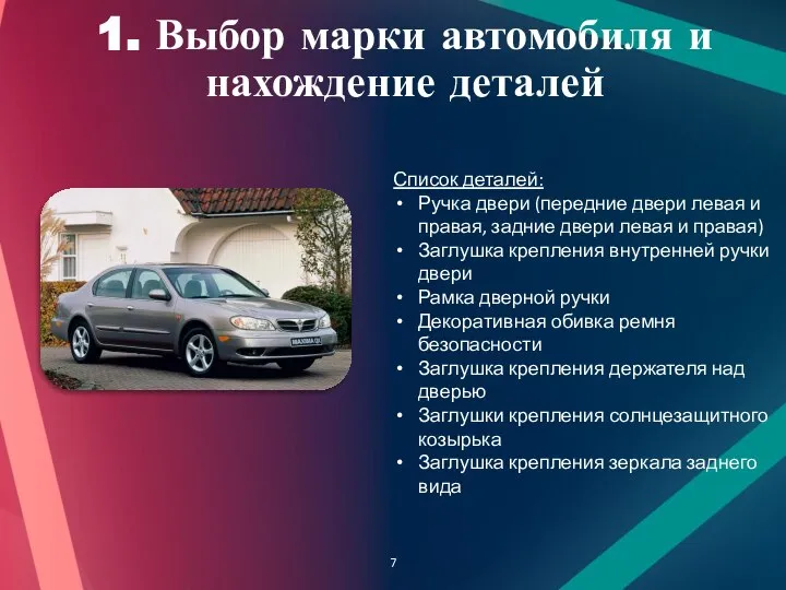 1. Выбор марки автомобиля и нахождение деталей Список деталей: Ручка двери (передние