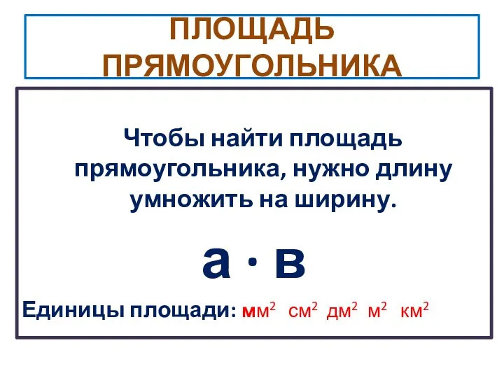 ПЛОЩАДЬ ПРЯМОУГОЛЬНИКА Чтобы найти площадь прямоугольника, нужно длину умножить на ширину. а