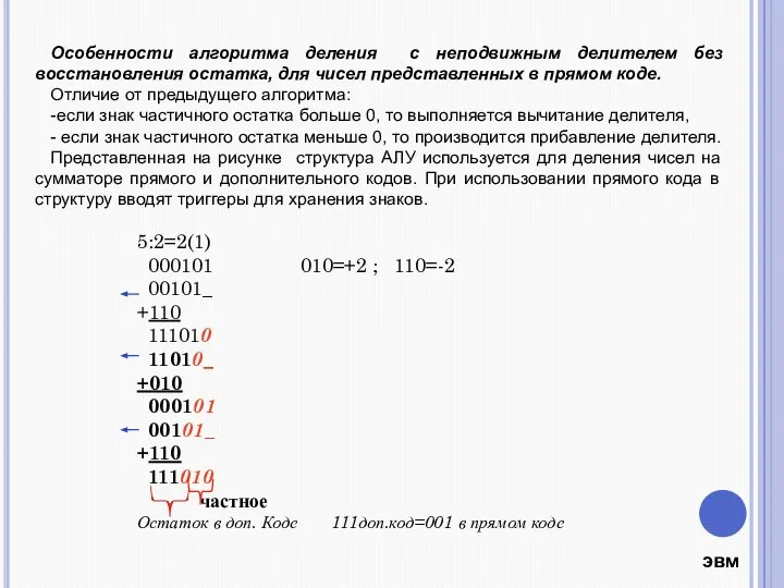 Особенности алгоритма деления c неподвижным делителем без восстановления остатка, для чисел представленных