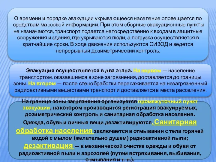 О времени и порядке эвакуации укрывающееся население оповещается по средствам массовой информации.