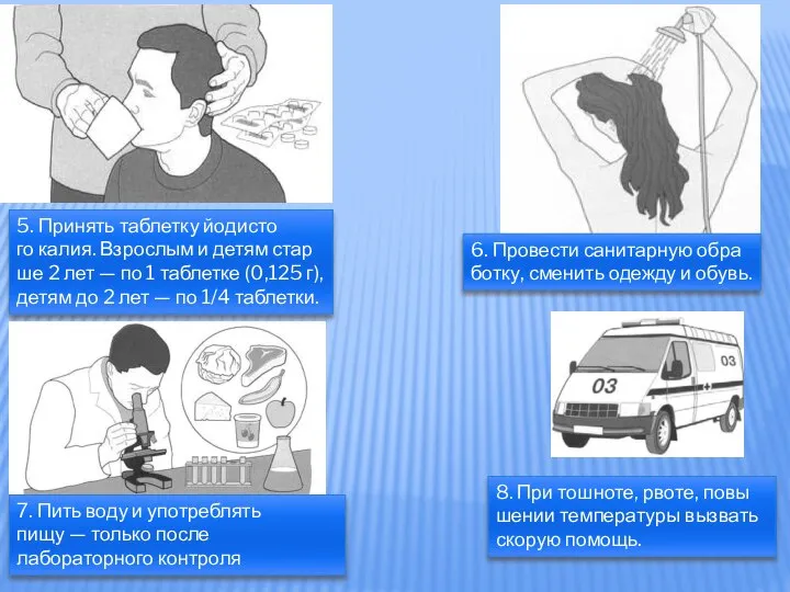 5. Принять таблетку йодисто го калия. Взрослым и детям стар ше 2