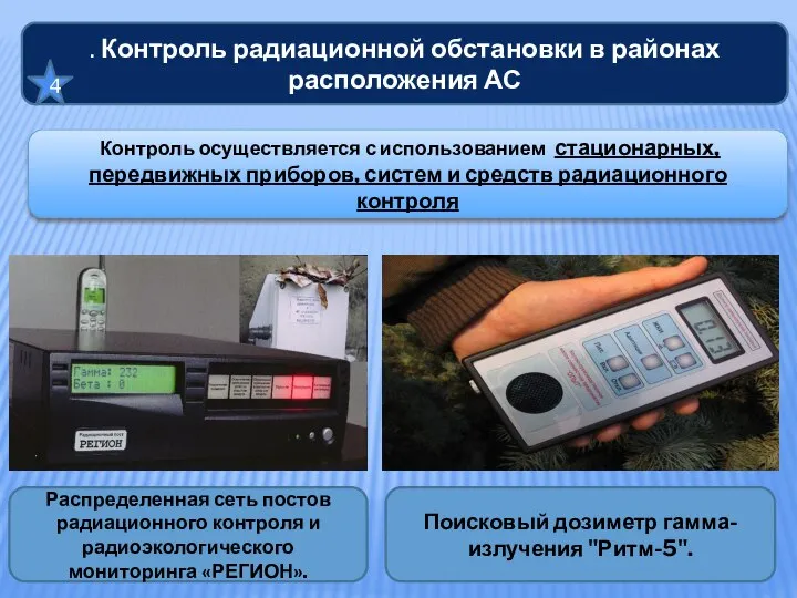 . Контроль радиационной обстановки в районах расположения АС 4 Контроль осуществляется с