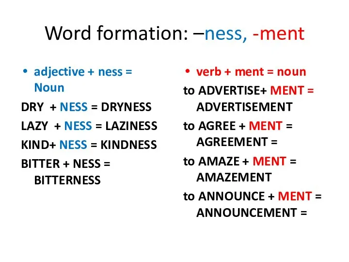 Word formation: –ness, -ment adjective + ness = Noun DRY + NESS