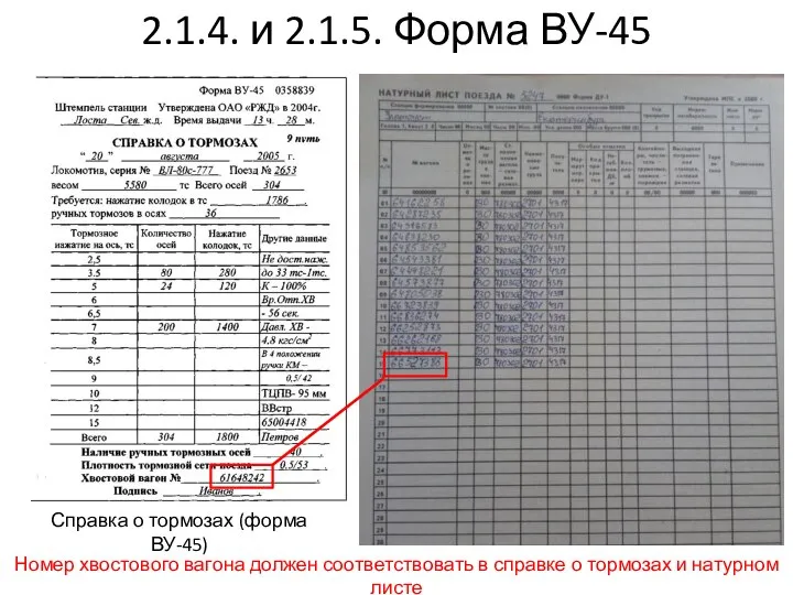 2.1.4. и 2.1.5. Форма ВУ-45 Справка о тормозах (форма ВУ-45) Номер хвостового