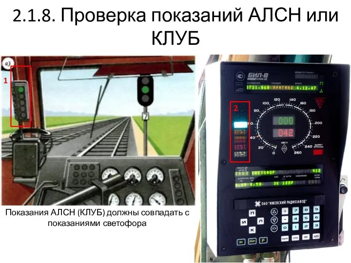 2.1.8. Проверка показаний АЛСН или КЛУБ 2 1 Показания АЛСН (КЛУБ) должны совпадать с показаниями светофора