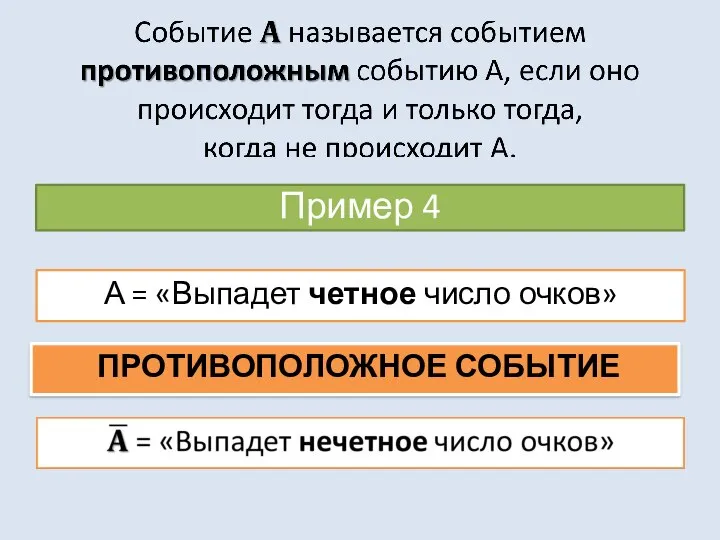 Пример 4 А = «Выпадет четное число очков» ПРОТИВОПОЛОЖНОЕ СОБЫТИЕ