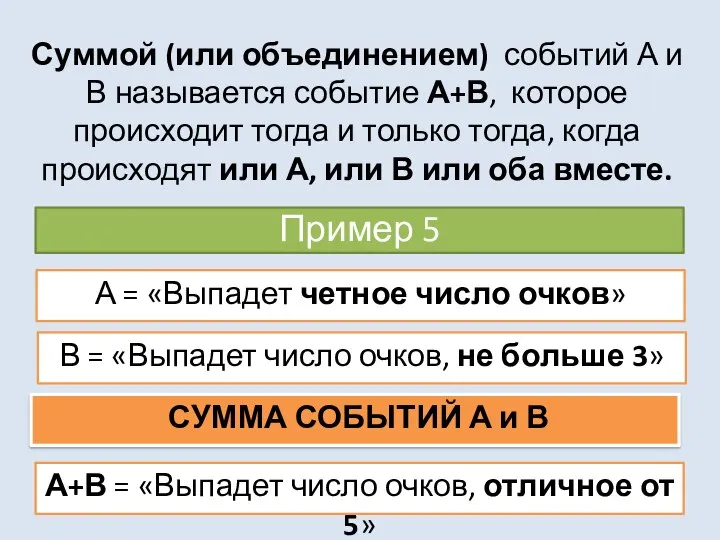 Суммой (или объединением) событий А и В называется событие А+В, которое происходит