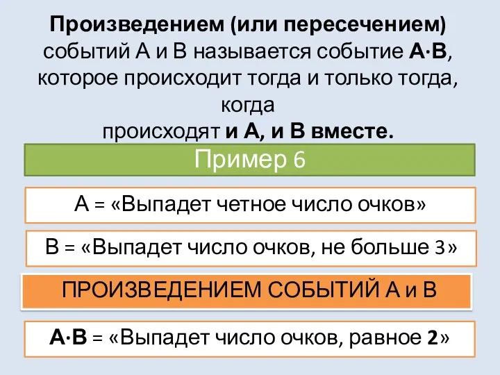 Произведением (или пересечением) событий А и В называется событие А·В, которое происходит