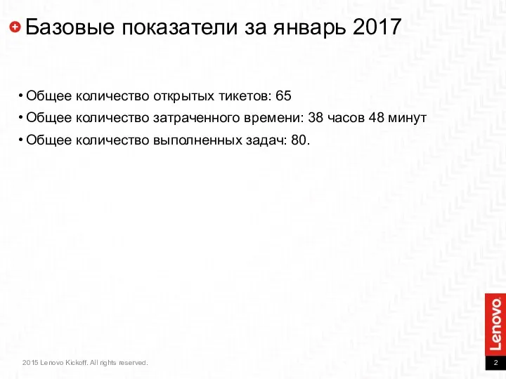 Базовые показатели за январь 2017 Общее количество открытых тикетов: 65 Общее количество