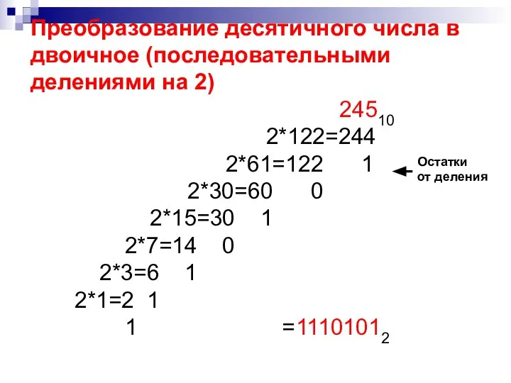 Преобразование десятичного числа в двоичное (последовательными делениями на 2) 24510 2*122=244 2*61=122