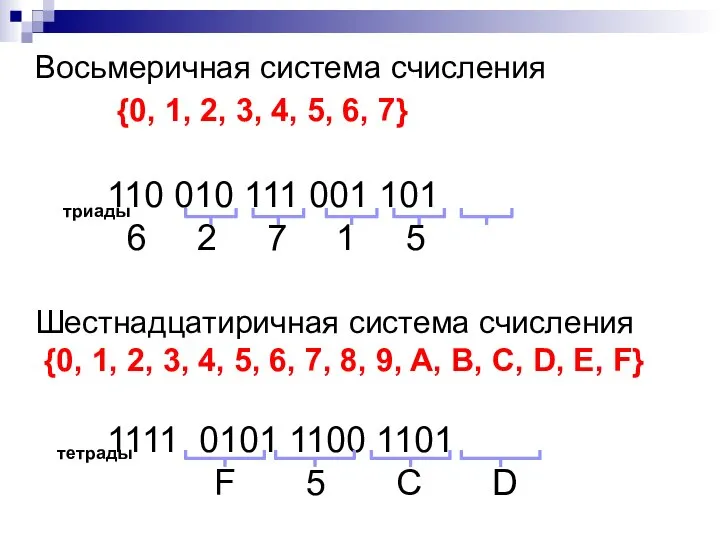 Восьмеричная система счисления {0, 1, 2, 3, 4, 5, 6, 7} 110
