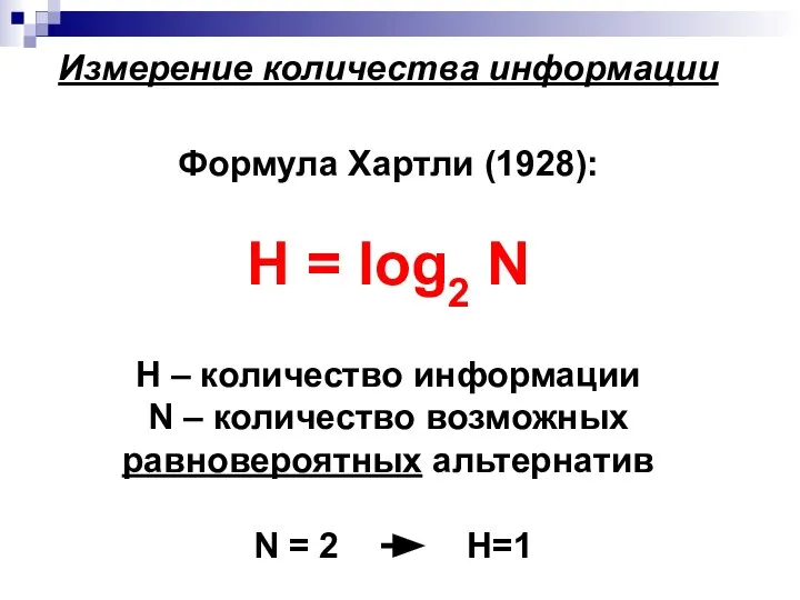 Измерение количества информации Формула Хартли (1928): H = log2 N H –