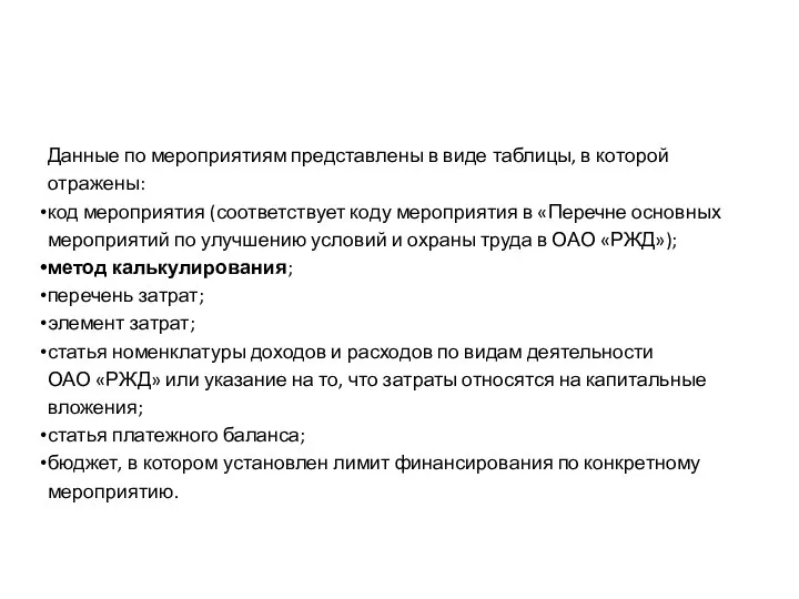 Данные по мероприятиям представлены в виде таблицы, в которой отражены: код мероприятия