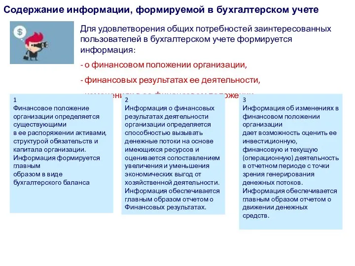 Содержание информации, формируемой в бухгалтерском учете Для удовлетворения общих потребностей заинтересованных пользователей