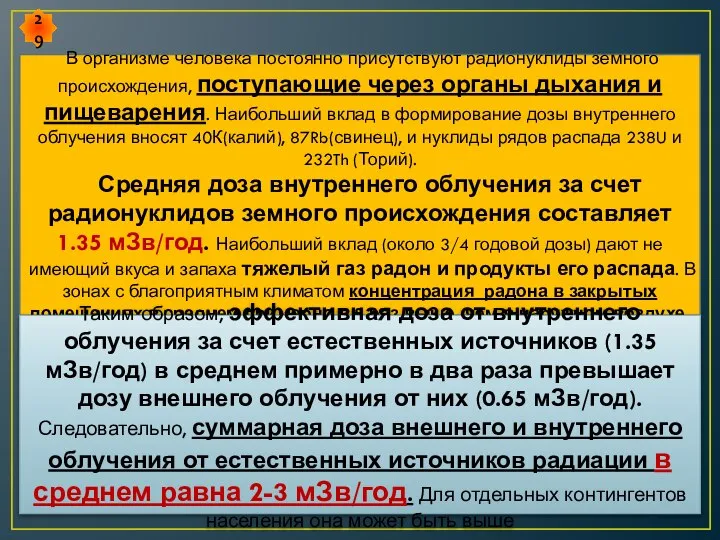 В организме человека постоянно присутствуют радионуклиды земного происхождения, поступающие через органы дыхания