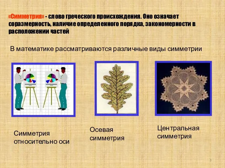 В математике рассматриваются различные виды симметрии Симметрия относительно оси Осевая симметрия Центральная