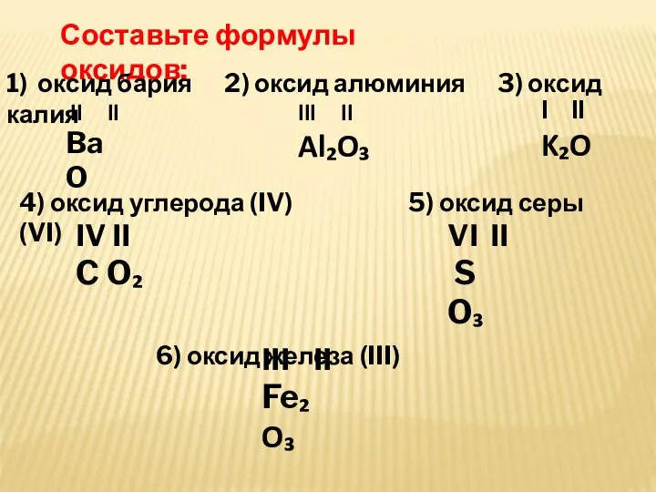 Составьте формулы оксидов: 1) оксид бария 2) оксид алюминия 3) оксид калия