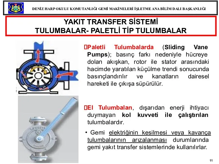 Paletli Tulumbalarda (Sliding Vane Pumps); basınç farkı nedeniyle hücreye dolan akışkan, rotor