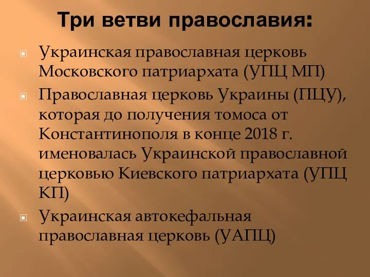 Три ветви православия: Украинская православная церковь Московского патриархата (УПЦ МП) Православная церковь