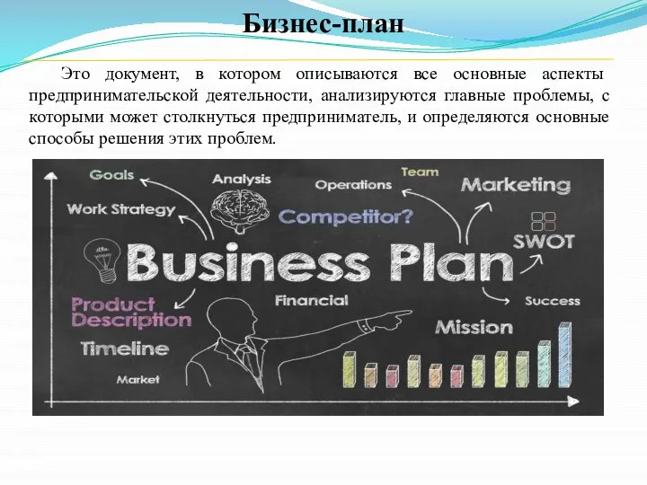 Бизнес-план Это документ, в котором описываются все основные аспекты предпринимательской деятельности, анализируются