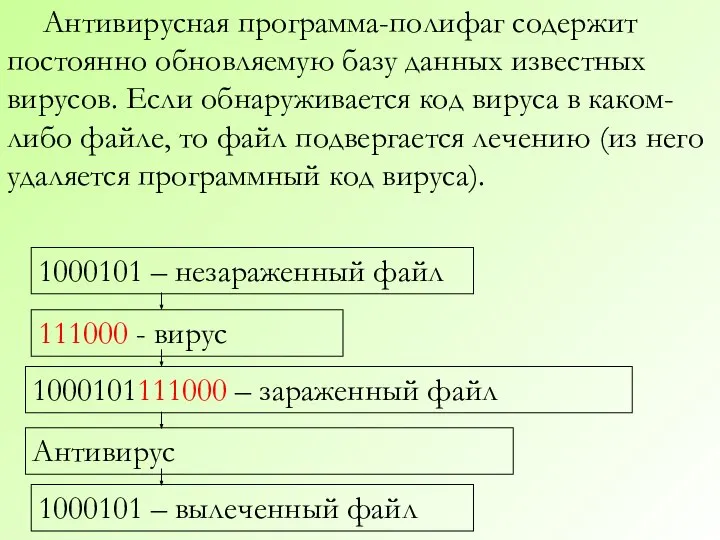 Антивирусная программа-полифаг содержит постоянно обновляемую базу данных известных вирусов. Если обнаруживается код