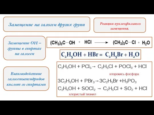 Замещение на галоген других групп Замещение ОН – группы в спиртах на