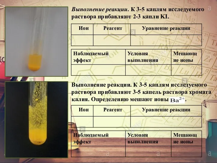 Выполнение реакции. К 3-5 каплям исследуемого раствора прибавляют 2-3 капли KI. Выполнение