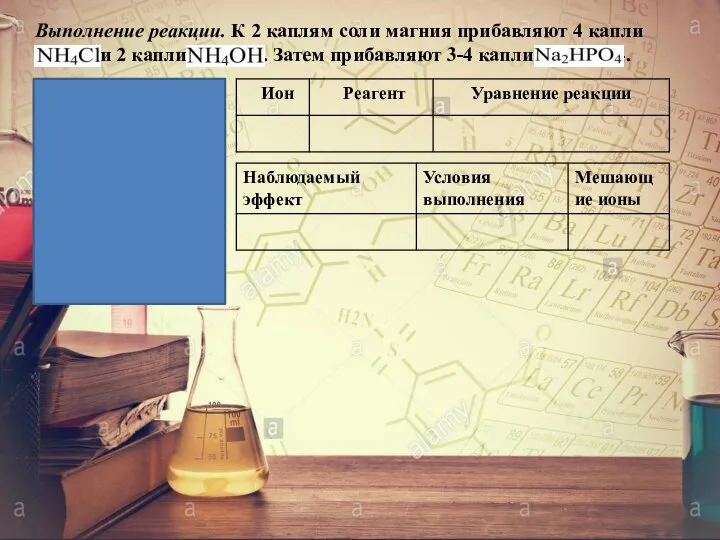 Выполнение реакции. К 2 каплям соли магния прибавляют 4 капли NH4Cl и