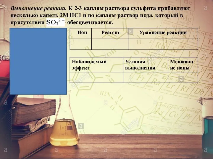 Выполнение реакции. К 2-3 каплям раствора сульфита прибавляют несколько капель 2М НС1