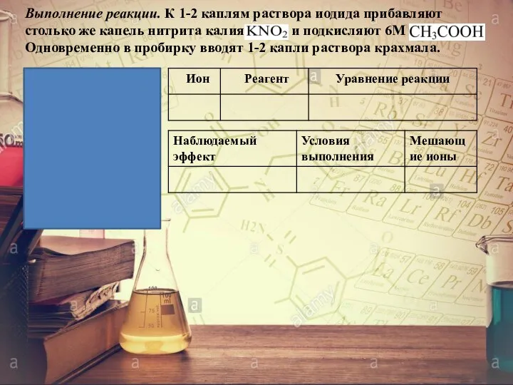 Выполнение реакции. К 1-2 каплям раствора иодида прибавляют столько же капель нитрита