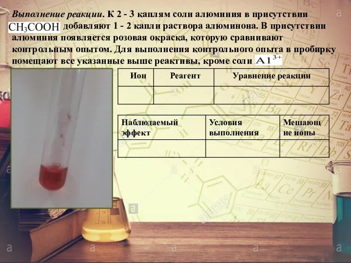 Выполнение реакции. К 2 - 3 каплям соли алюминия в присутствии СН3СООН