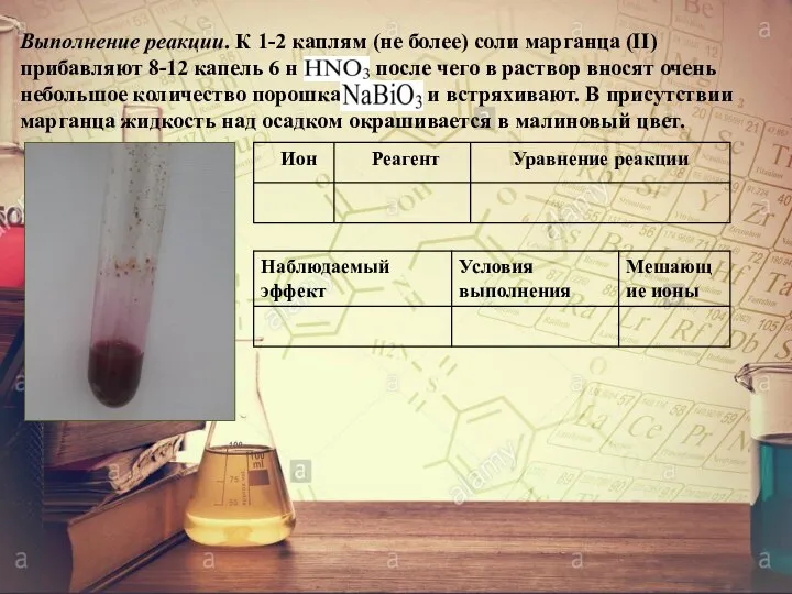 Выполнение реакции. К 1-2 каплям (не более) соли марганца (II) прибавляют 8-12