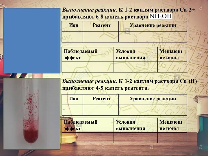 Выполнение реакции. К 1-2 каплям раствора Сu 2+ прибавляют 6-8 капель раствора