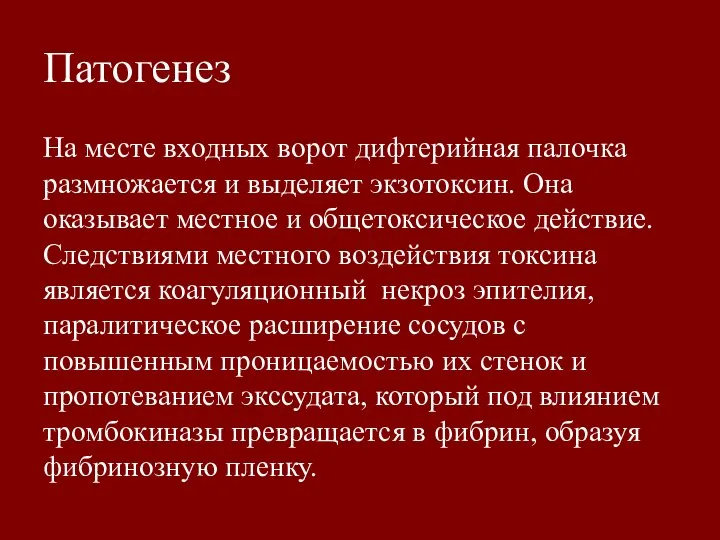 Патогенез На месте входных ворот дифтерийная палочка размножается и выделяет экзотоксин. Она