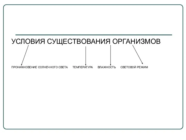 УСЛОВИЯ СУЩЕСТВОВАНИЯ ОРГАНИЗМОВ ПРОНИКНОВЕНИЕ СОЛНЕЧНОГО СВЕТА ТЕМПЕРАТУРА ВЛАЖНОСТЬ СВЕТОВОЙ РЕЖИМ